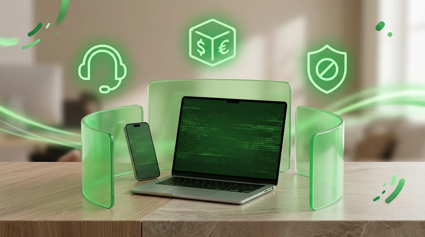 Support tools shown as calm barriers around a laptop and phone